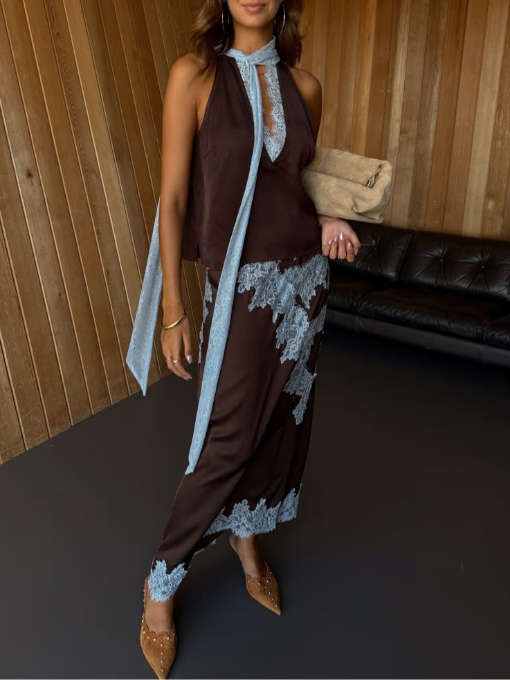 Women’s Lace Detail Midi Skirt – Brown & Blue Elegant Fitted Skirt with Front Panel & Hem Lace