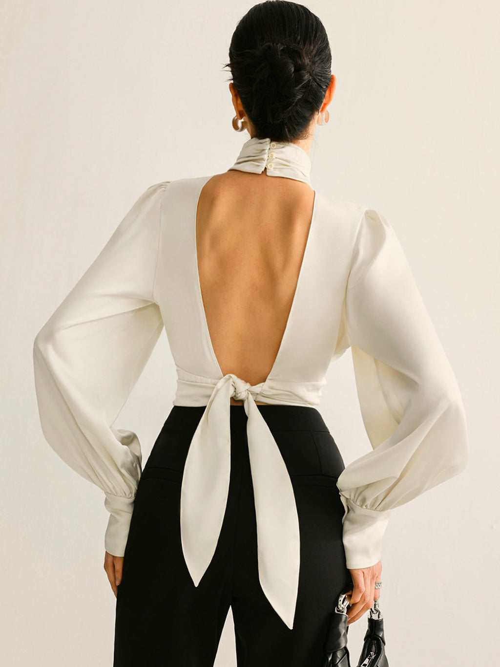 Women’s Satin Backless Blouse — Long Sleeve Stand Collar Elegant Regular Fit Satin Top Wedding Work Evening Shirt