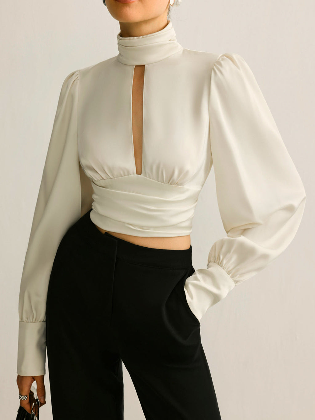 Women’s Satin Backless Blouse — Long Sleeve Stand Collar Elegant Regular Fit Satin Top Wedding Work Evening Shirt