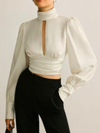 Women’s Satin Backless Blouse — Long Sleeve Stand Collar Elegant Regular Fit Satin Top Wedding Work Evening Shirt