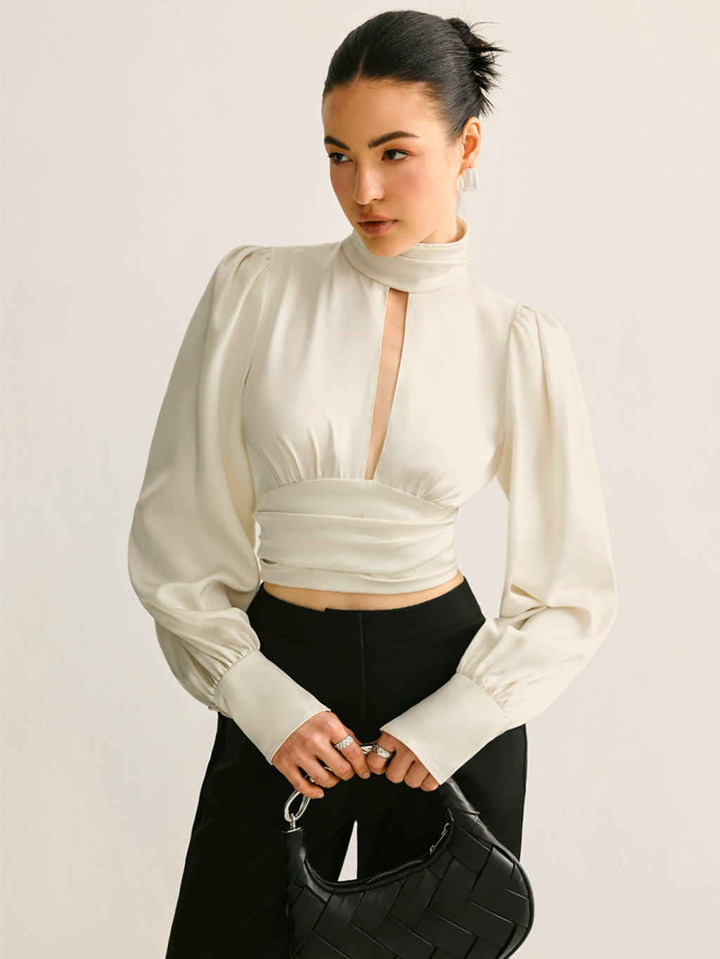Women’s Satin Backless Blouse — Long Sleeve Stand Collar Elegant Regular Fit Satin Top Wedding Work Evening Shirt
