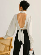 Women’s Satin Backless Blouse — Long Sleeve Stand Collar Elegant Regular Fit Satin Top Wedding Work Evening Shirt