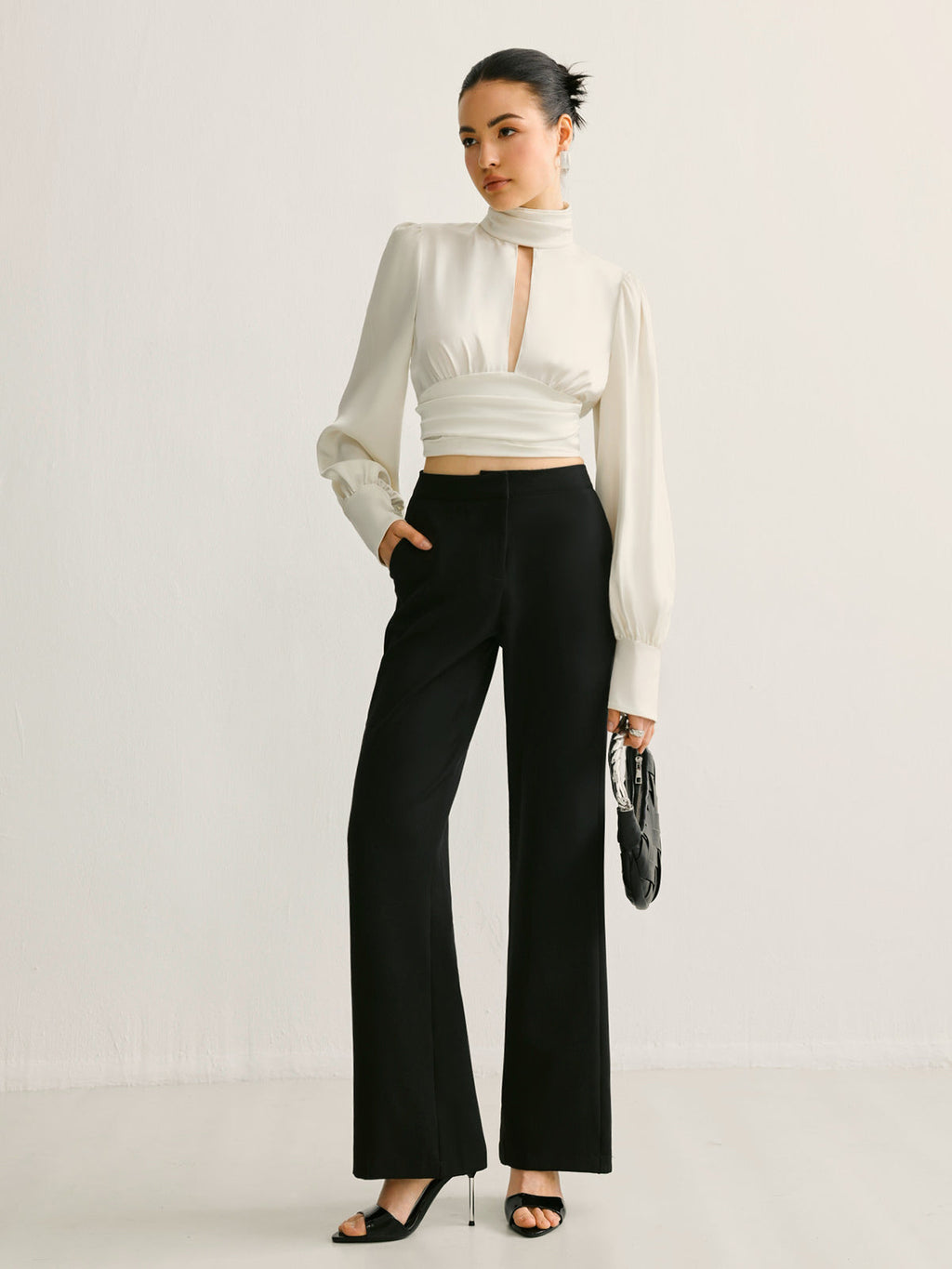 Women’s Satin Backless Blouse — Long Sleeve Stand Collar Elegant Regular Fit Satin Top Wedding Work Evening Shirt