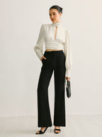 Women’s Satin Backless Blouse — Long Sleeve Stand Collar Elegant Regular Fit Satin Top Wedding Work Evening Shirt