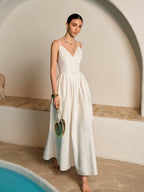 Women’s Backless Pleated Maxi Dress — V-Neck Sleeveless Elegant Party Wedding Vacation Long Dress