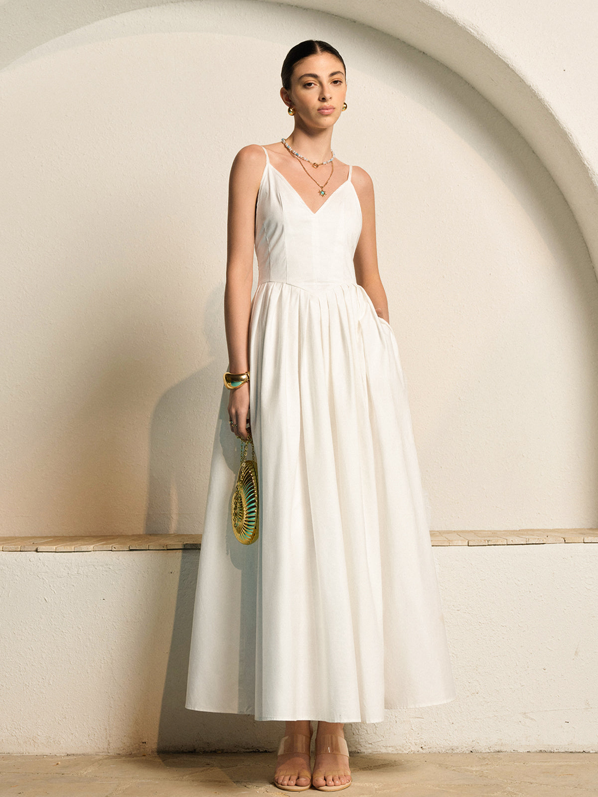 Women’s Backless Pleated Maxi Dress — V-Neck Sleeveless Elegant Party Wedding Vacation Long Dress