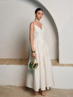 Women’s Backless Pleated Maxi Dress — V-Neck Sleeveless Elegant Party Wedding Vacation Long Dress