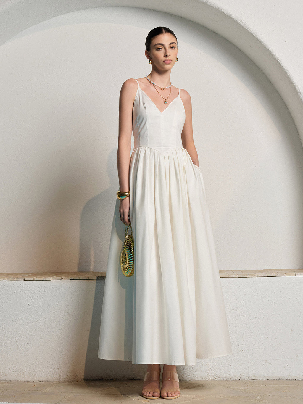 Women’s Backless Pleated Maxi Dress — V-Neck Sleeveless Elegant Party Wedding Vacation Long Dress