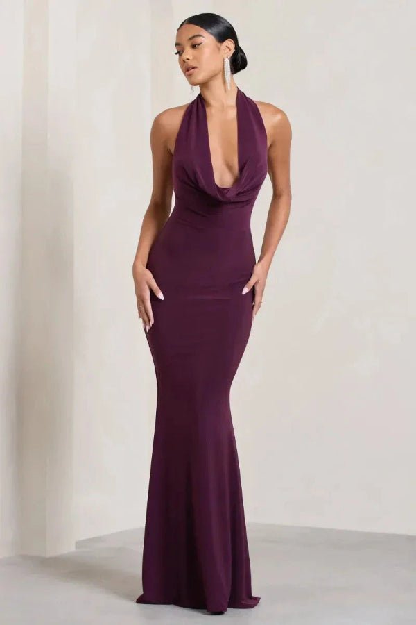Bernice Cowl Neck Backless Gown for Women – Plum Satin Jersey Elegant Evening Dress