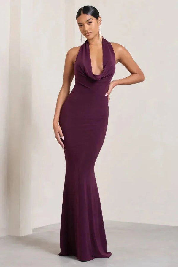 Bernice Cowl Neck Backless Gown for Women – Plum Satin Jersey Elegant Evening Dress