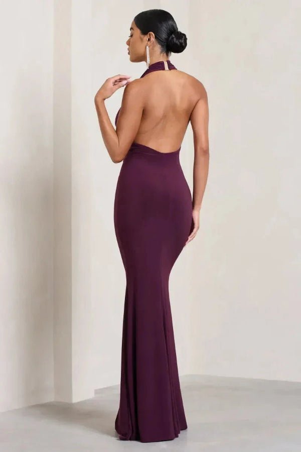 Bernice Cowl Neck Backless Gown for Women – Plum Satin Jersey Elegant Evening Dress