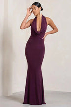 Bernice Cowl Neck Backless Gown for Women – Plum Satin Jersey Elegant Evening Dress