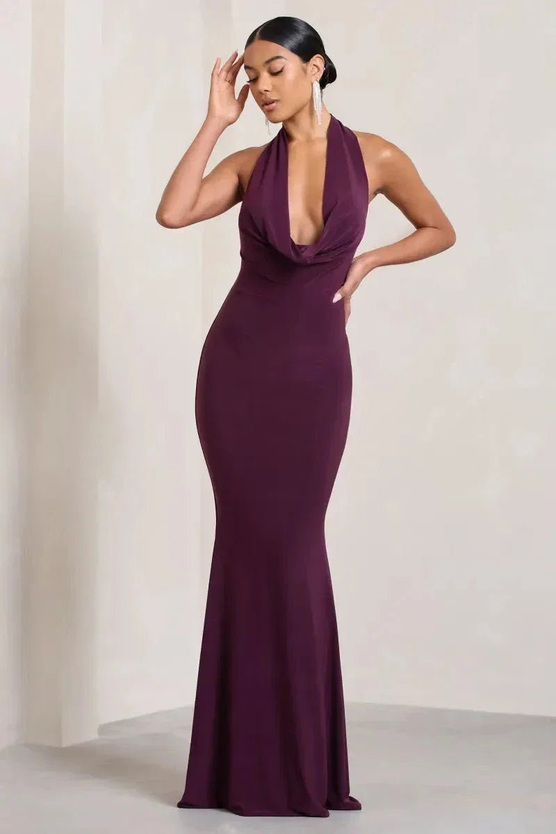 Bernice Cowl Neck Backless Gown for Women – Plum Satin Jersey Elegant Evening Dress