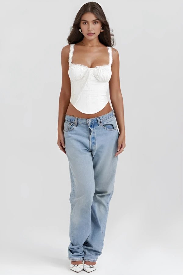 Women’s Ivory Textured Corset Top – Ribbed Crew Neck Structured Minimalist Top