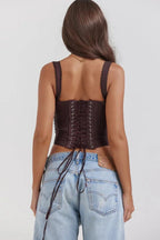 Women’s Ivory Textured Corset Top – Ribbed Crew Neck Structured Minimalist Top