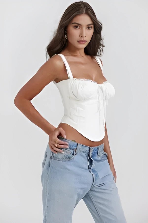 Women’s Ivory Textured Corset Top – Ribbed Crew Neck Structured Minimalist Top