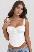 Women’s Ivory Textured Corset Top – Ribbed Crew Neck Structured Minimalist Top
