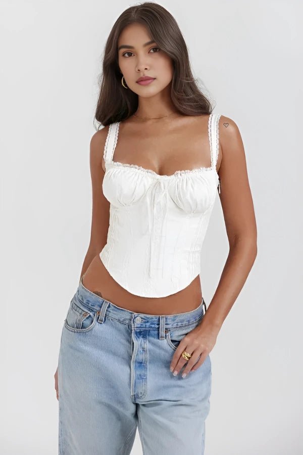 Women’s Ivory Textured Corset Top – Ribbed Crew Neck Structured Minimalist Top