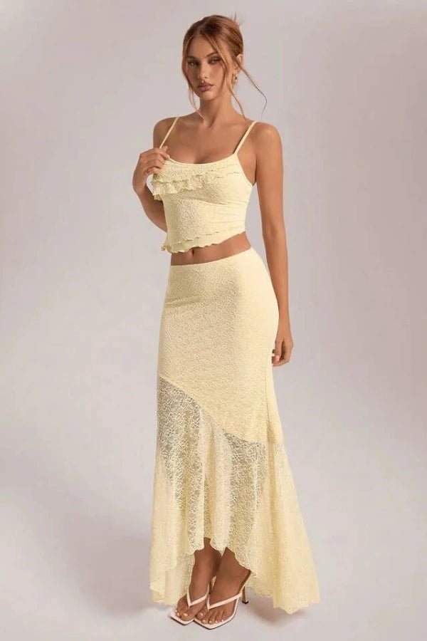 Bettylia Lace Co-Ord Set – Floral Asymmetrical Maxi Skirt & Ruffle Camisole Ensemble