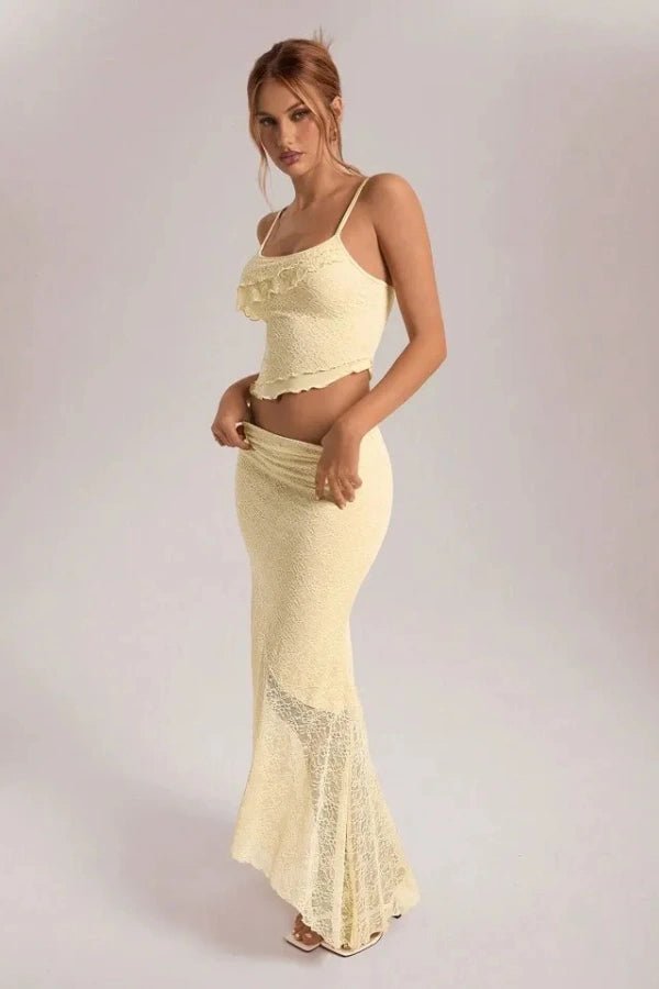 Bettylia Floral Lace Two-Piece Set for Women – Romantic Asymmetrical Maxi Skirt Co-Ord Set