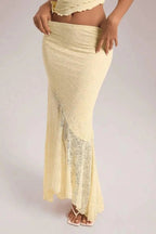Bettylia Lace Co-Ord Set – Floral Asymmetrical Maxi Skirt & Ruffle Camisole Ensemble