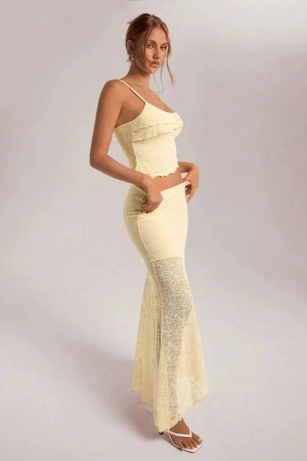Bettylia Lace Co-Ord Set – Floral Asymmetrical Maxi Skirt & Ruffle Camisole Ensemble