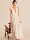 Women’s Jacquard Lace Maxi Dress — Sleeveless V-Neck Elegant Long Dress with Invisible Zipper