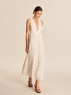 Women’s Jacquard Lace Maxi Dress — Sleeveless V-Neck Elegant Long Dress with Invisible Zipper
