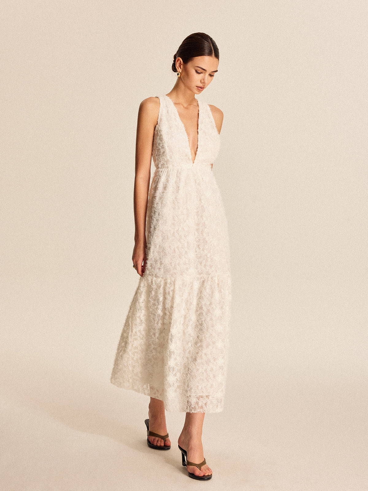 Women’s Jacquard Lace Maxi Dress — Sleeveless V-Neck Elegant Long Dress with Invisible Zipper
