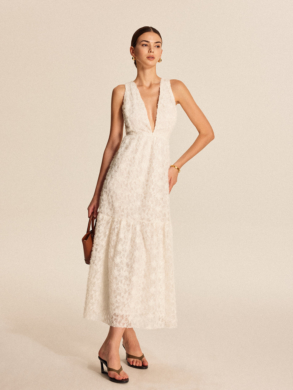 Women’s Jacquard Lace Maxi Dress — Sleeveless V-Neck Elegant Long Dress with Invisible Zipper