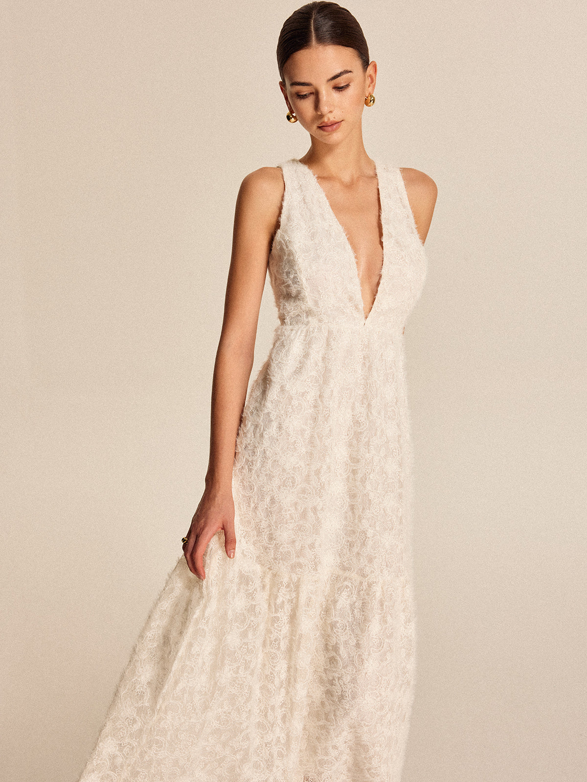 Women’s Jacquard Lace Maxi Dress — Sleeveless V-Neck Elegant Long Dress with Invisible Zipper
