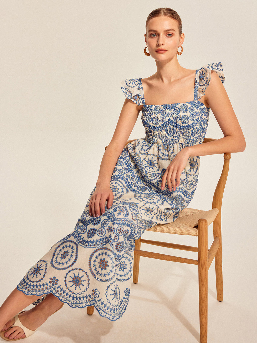 Women’s Embroidered Cotton Square Neck Maxi Dress – Sleeveless Vacation & Leisure Dress