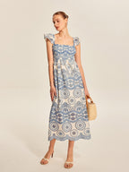 Women’s Embroidered Cotton Square Neck Maxi Dress – Sleeveless Vacation & Leisure Dress