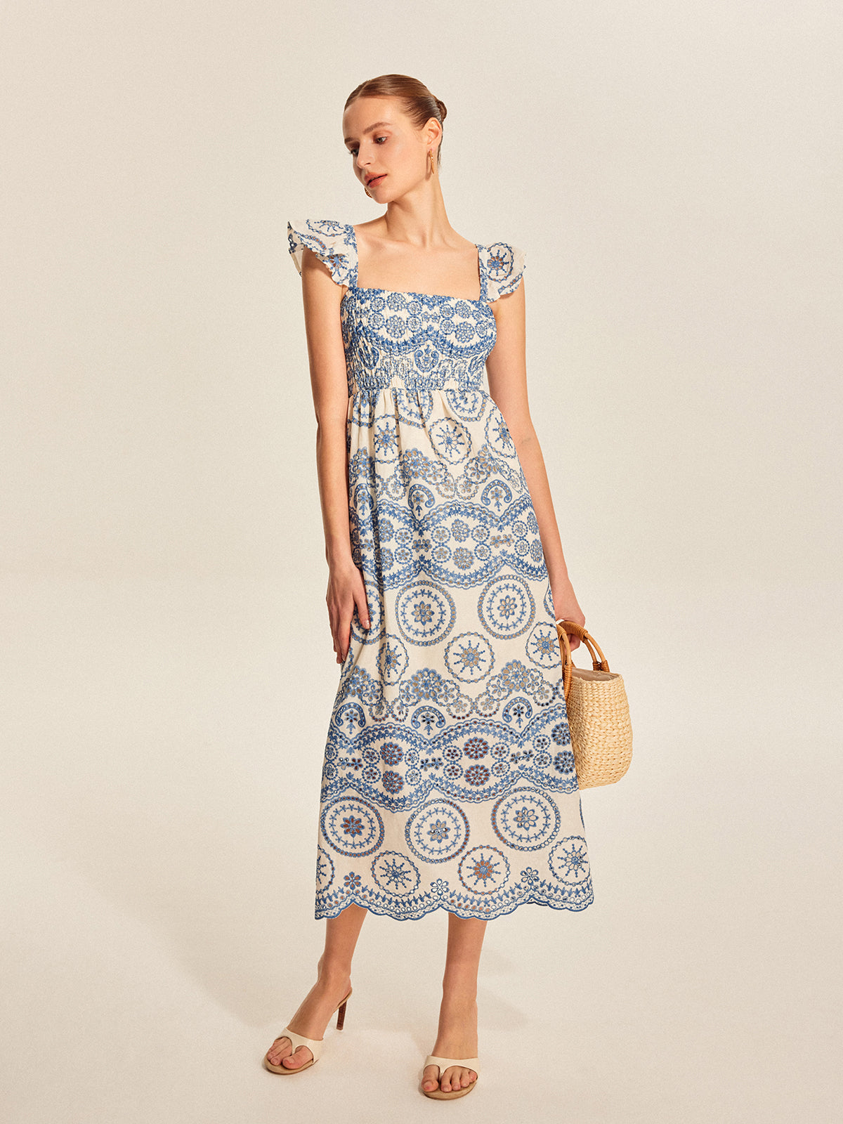 Women’s Embroidered Cotton Square Neck Maxi Dress – Sleeveless Vacation & Leisure Dress
