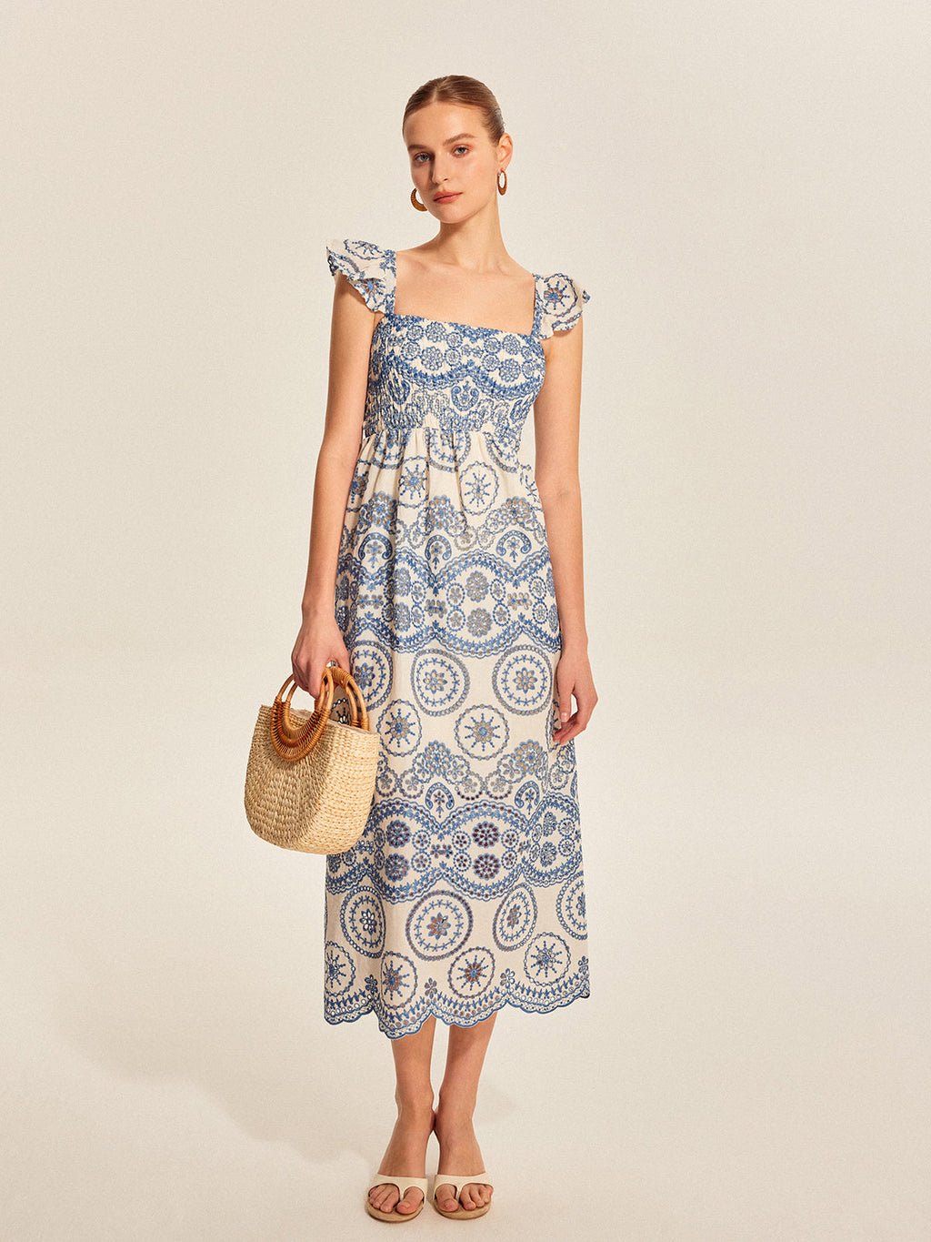 Women’s Embroidered Cotton Square Neck Maxi Dress – Sleeveless Vacation & Leisure Dress