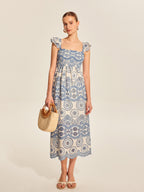 Women’s Embroidered Cotton Square Neck Maxi Dress – Sleeveless Vacation & Leisure Dress