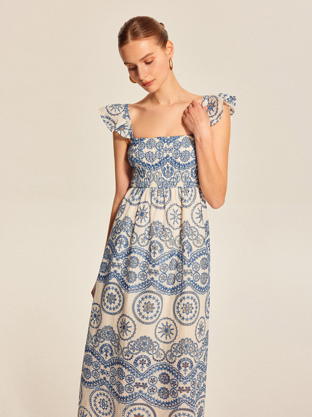 Women’s Embroidered Cotton Square Neck Maxi Dress – Sleeveless Vacation & Leisure Dress