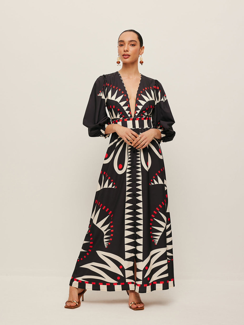 Women’s Printed V-Neck Maxi Dress — 3/4 Sleeve Elegant Vacation Flowing Dress