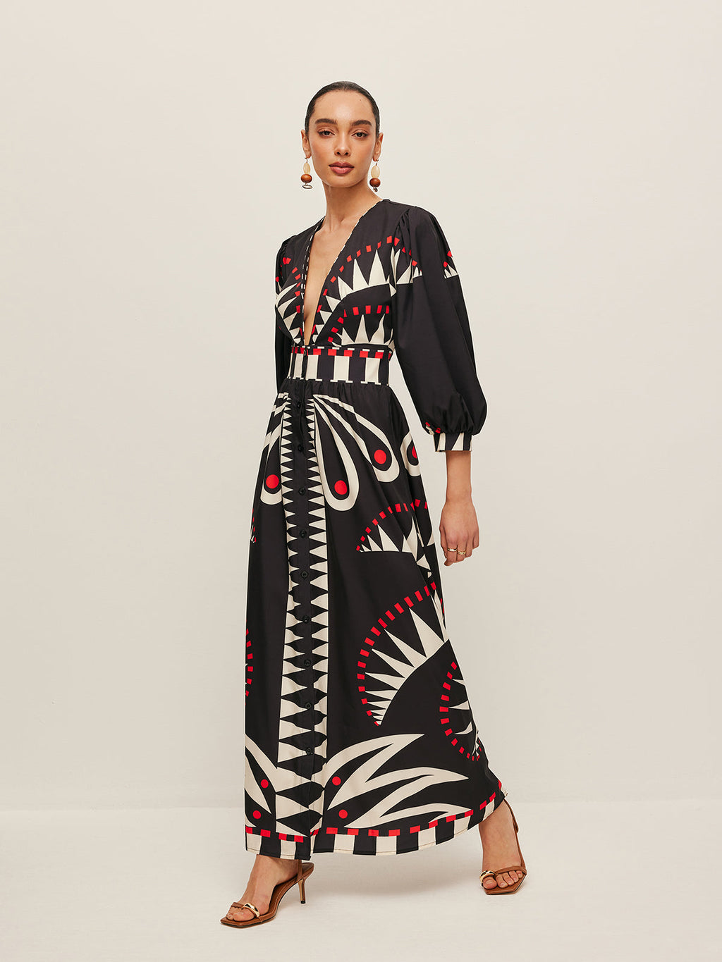 Women’s Printed V-Neck Maxi Dress — 3/4 Sleeve Elegant Vacation Flowing Dress