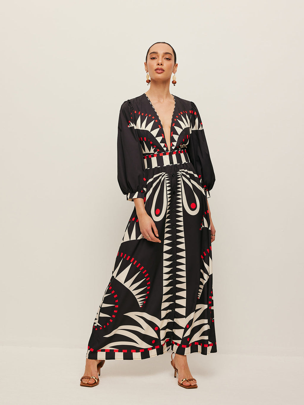 Women’s Printed V-Neck Maxi Dress — 3/4 Sleeve Elegant Vacation Flowing Dress