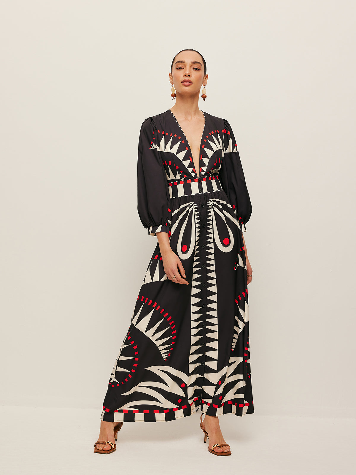 Women’s Printed V-Neck Maxi Dress — 3/4 Sleeve Elegant Vacation Flowing Dress