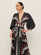 Women’s Printed V-Neck Maxi Dress — 3/4 Sleeve Elegant Vacation Flowing Dress