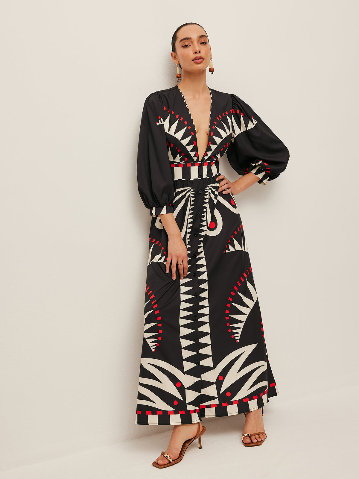 Women’s Printed V-Neck Maxi Dress — 3/4 Sleeve Elegant Vacation Flowing Dress