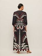 Women’s Printed V-Neck Maxi Dress — 3/4 Sleeve Elegant Vacation Flowing Dress
