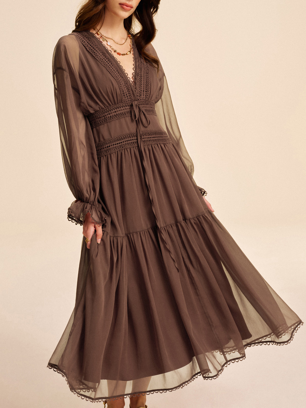 Women’s Sheer Chiffon V-Neck Long Sleeve Maxi Dress