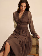 Women’s Sheer Chiffon V-Neck Long Sleeve Maxi Dress