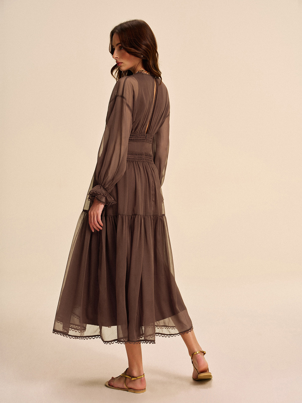 Women’s Sheer Chiffon V-Neck Long Sleeve Maxi Dress