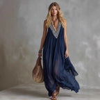 Women’s Navy Blue Sequin Boho Maxi Dress – Sleeveless V Neck Flowy Chiffon Beach Vacation Evening Gown