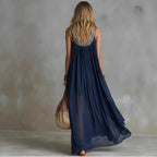 Women’s Navy Blue Sequin Boho Maxi Dress – Sleeveless V Neck Flowy Chiffon Beach Vacation Evening Gown