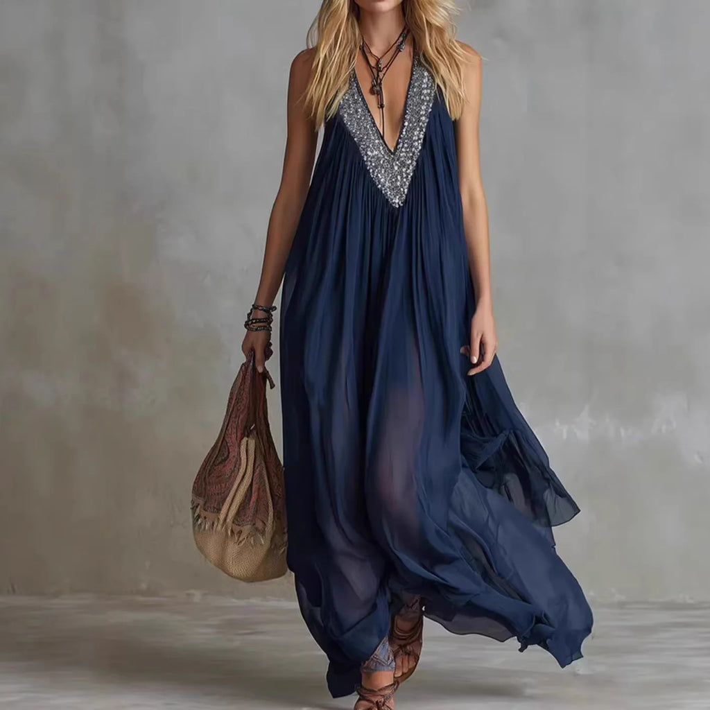 Women’s Navy Blue Sequin Boho Maxi Dress – Sleeveless V Neck Flowy Chiffon Beach Vacation Evening Gown